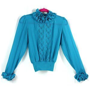 Vintage Rina Eyelet Floral Lace Ruffle High Neck Back Button Blouse Top XS 1970s